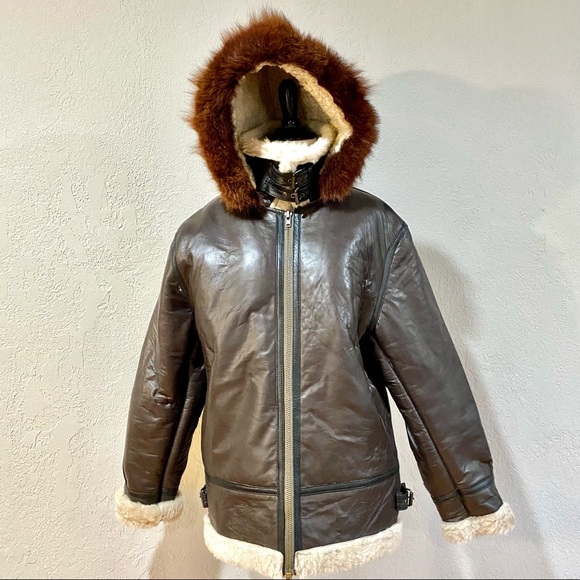 NWOT Brown Sheepskin Leather Shearling & Raccoon Fur B3 Bomber Jacket - Picture 5 of 15